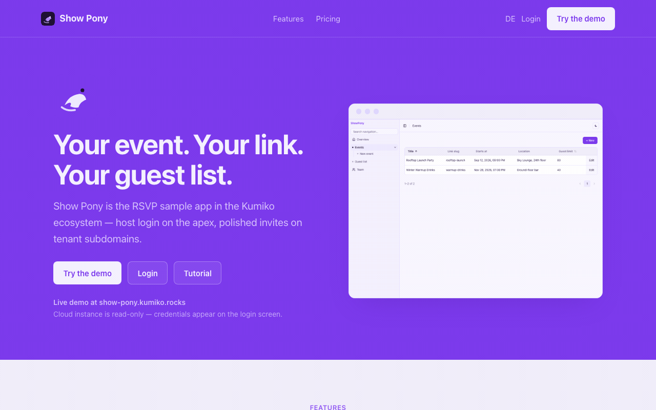 Landing → Features → Pricing → Login in marketing chrome