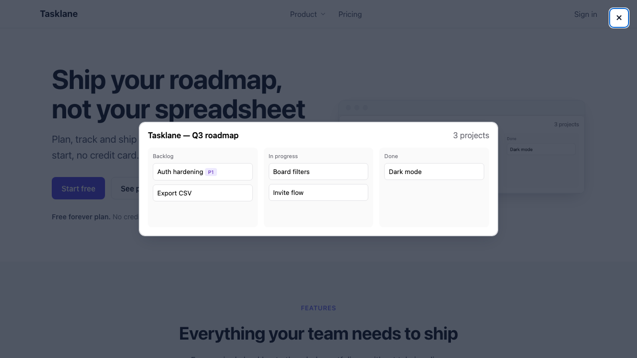 Apex lightbox open — native dialog over the landing page