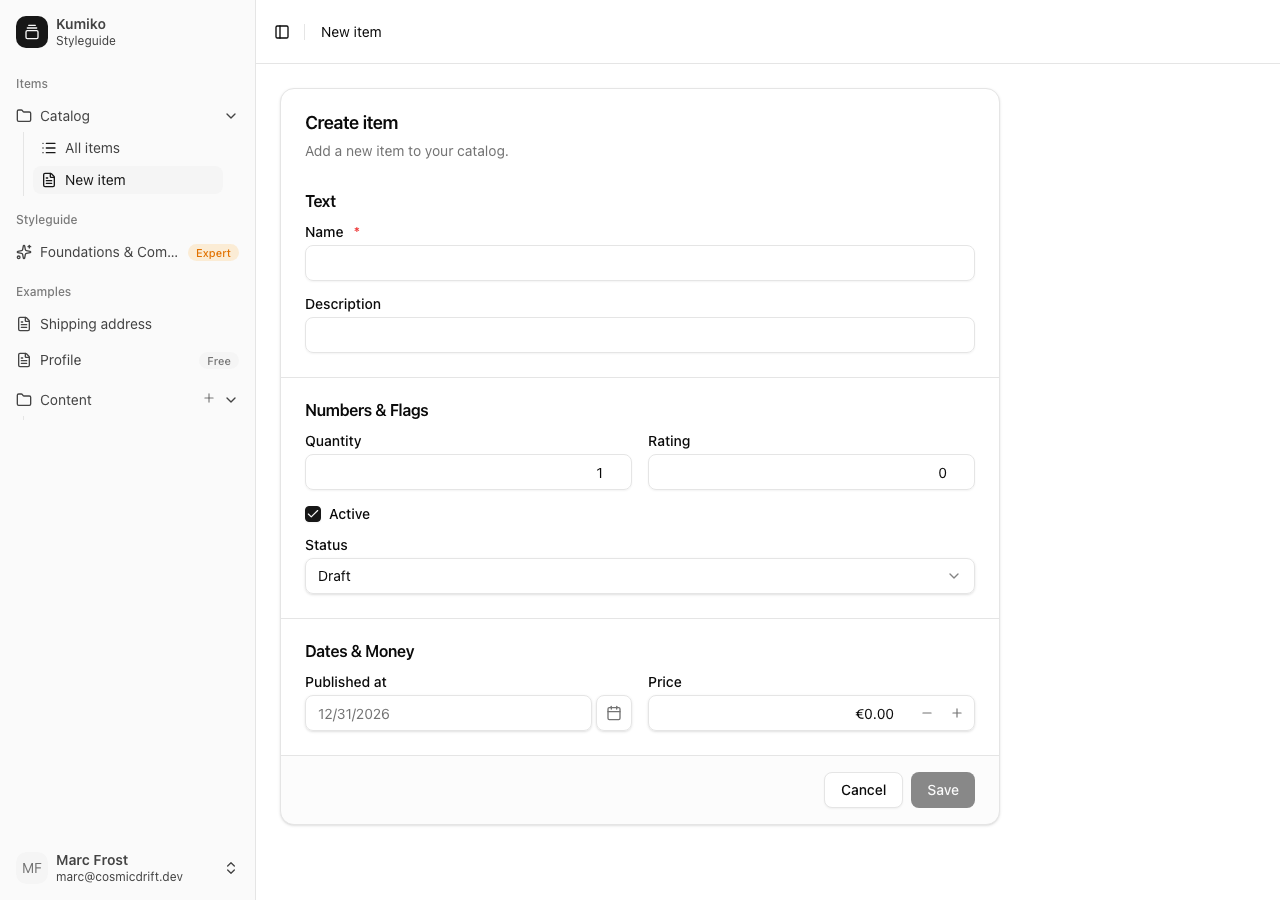 Kumiko-generated edit form: typed fields, validation, and select options