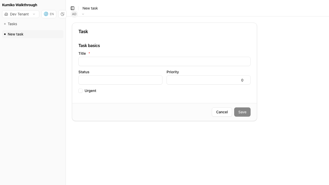 Kumiko-generated edit form: typed fields with a boolean toggle and a number field