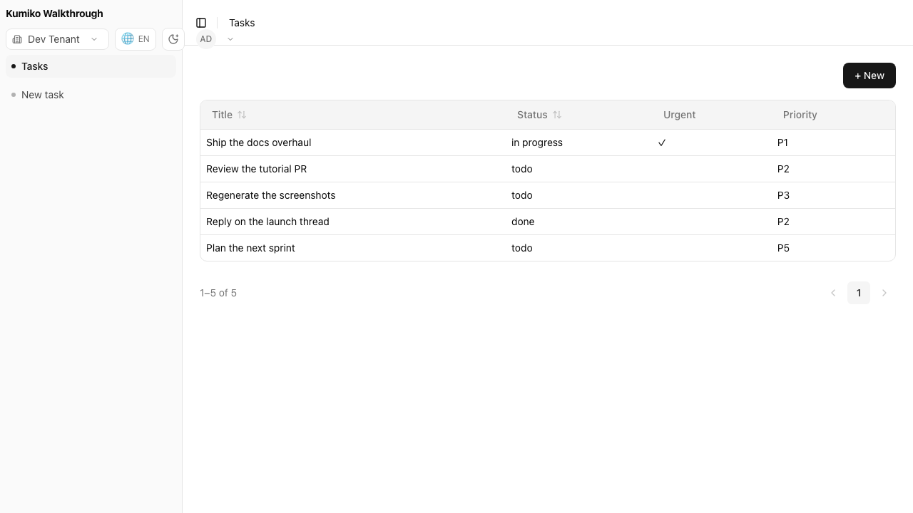 Kumiko-generated admin UI: a task list with sortable columns and a status column
