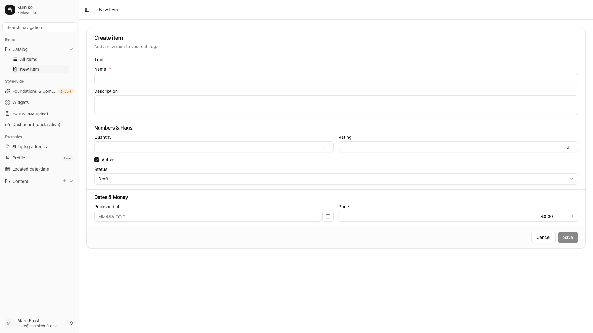 Kumiko-generated edit form: typed fields, validation, and select options