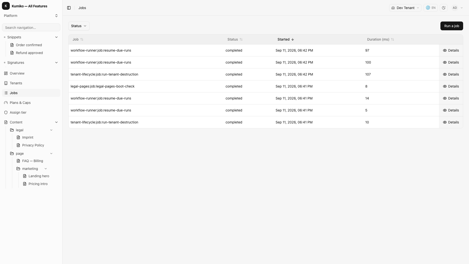 Jobs: cron, event and manual background work with run history