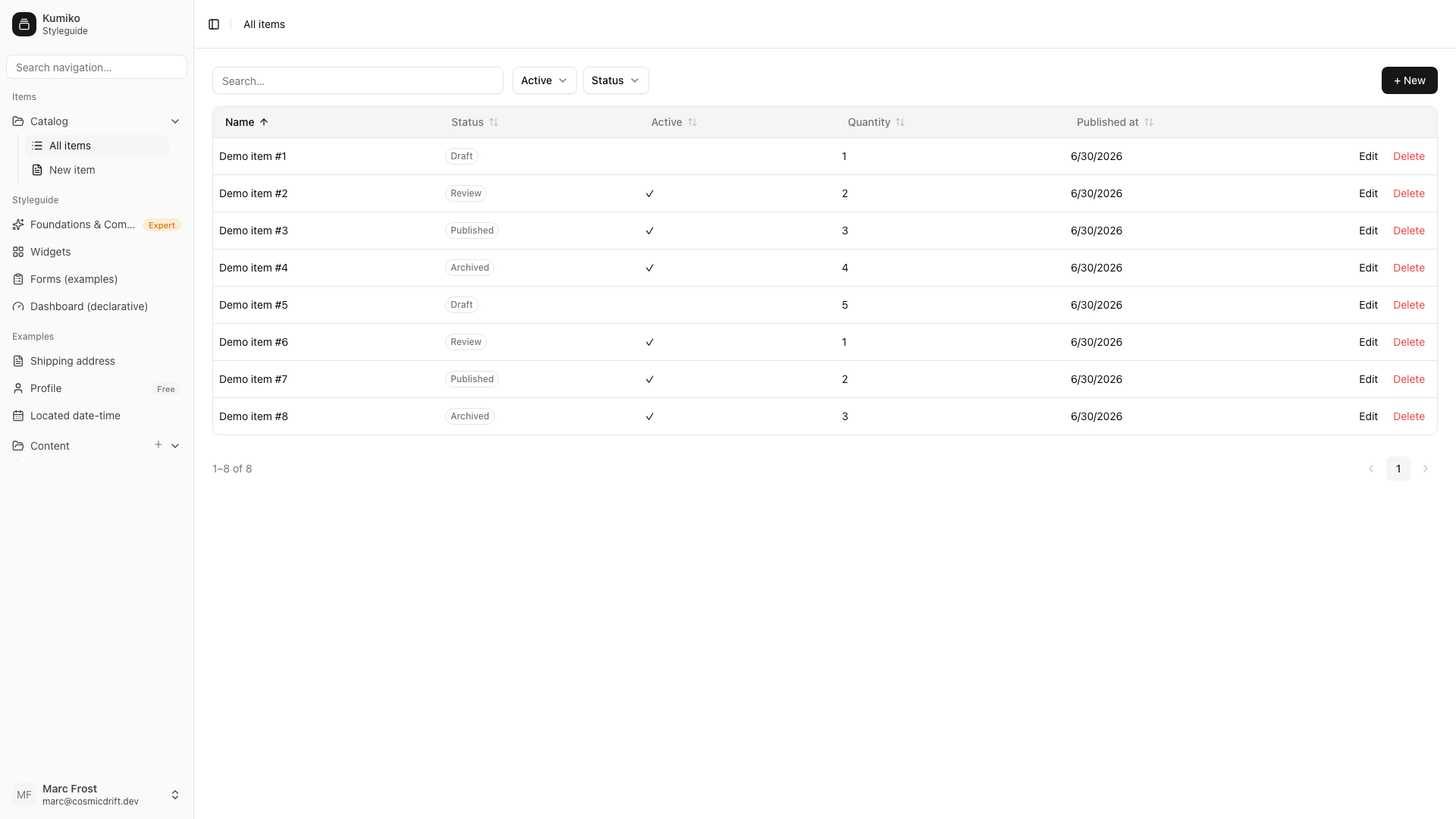 Kumiko-generated list screen: sortable columns, filter dropdowns, and status badges