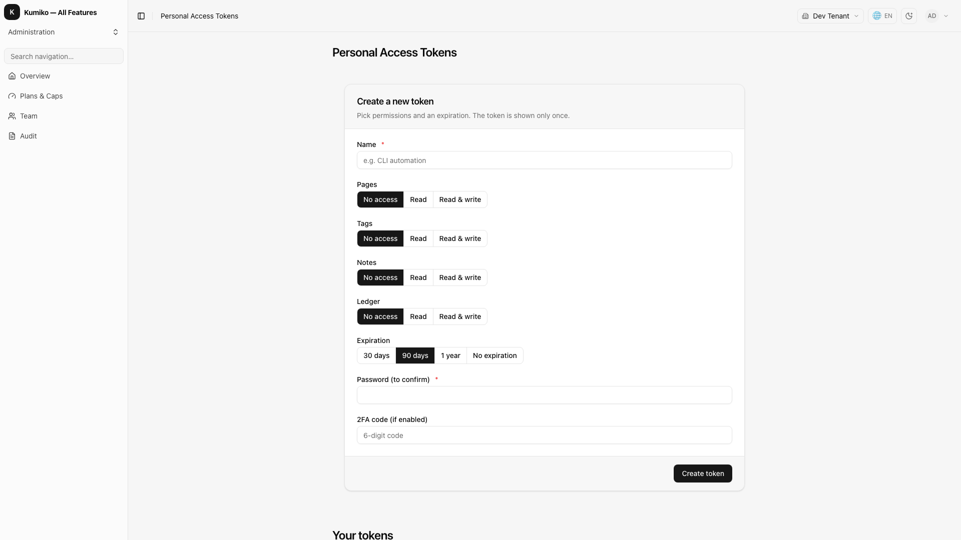 The mounted token screen: one dropdown per scope domain, an expiry, and the existing tokens with a revoke button