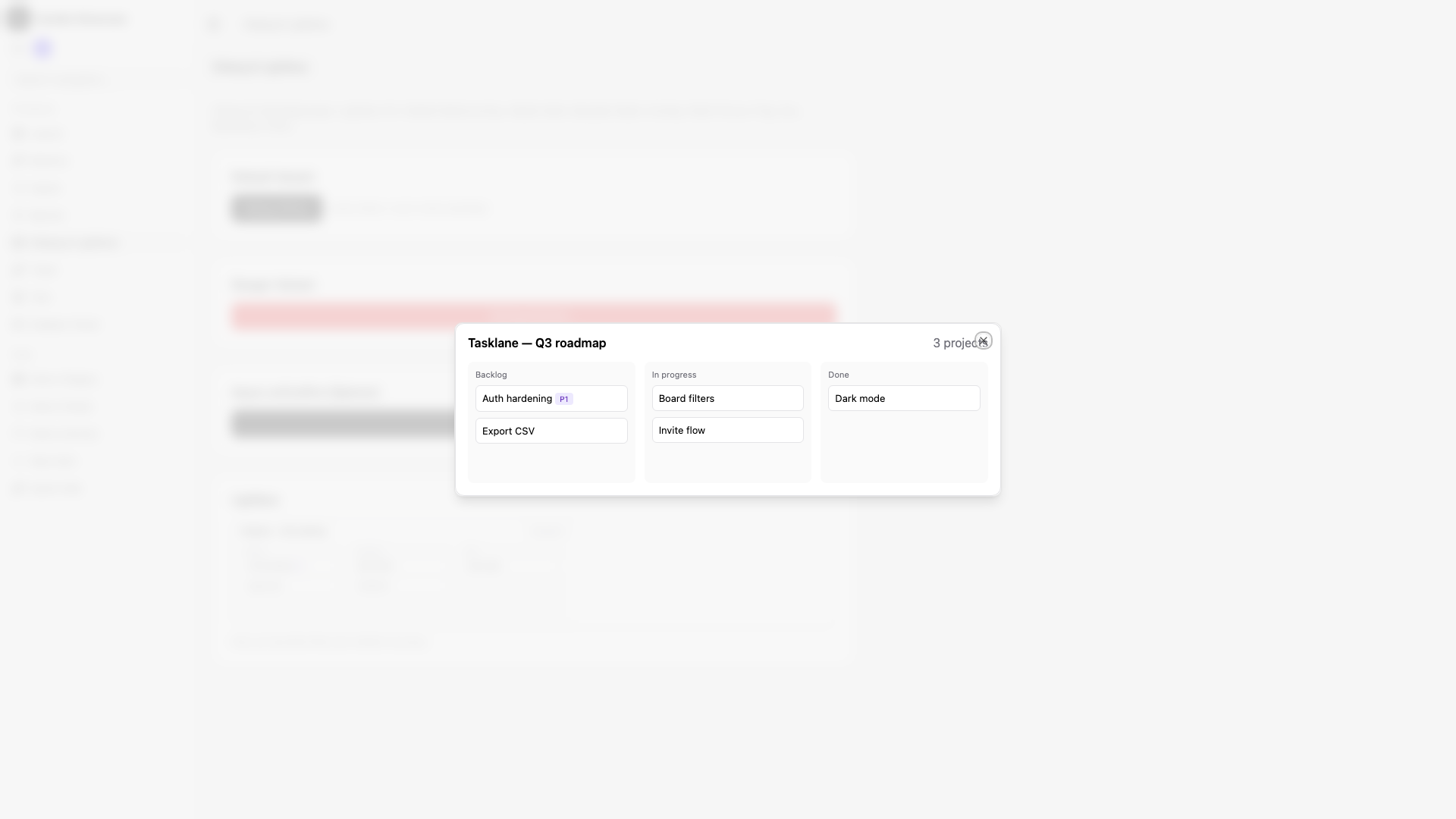 React Lightbox open, blurred backdrop, enlarged image, close button