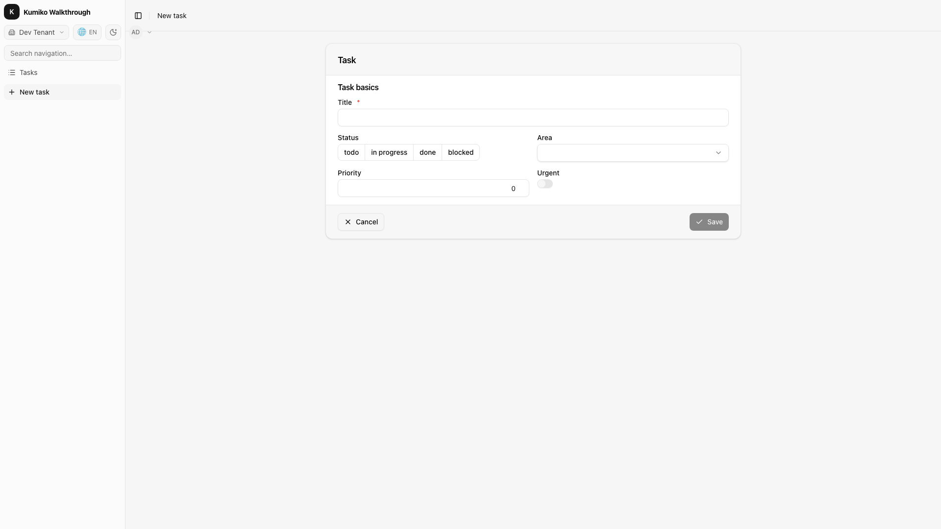Kumiko-generated edit form: typed fields with a boolean toggle and a number field