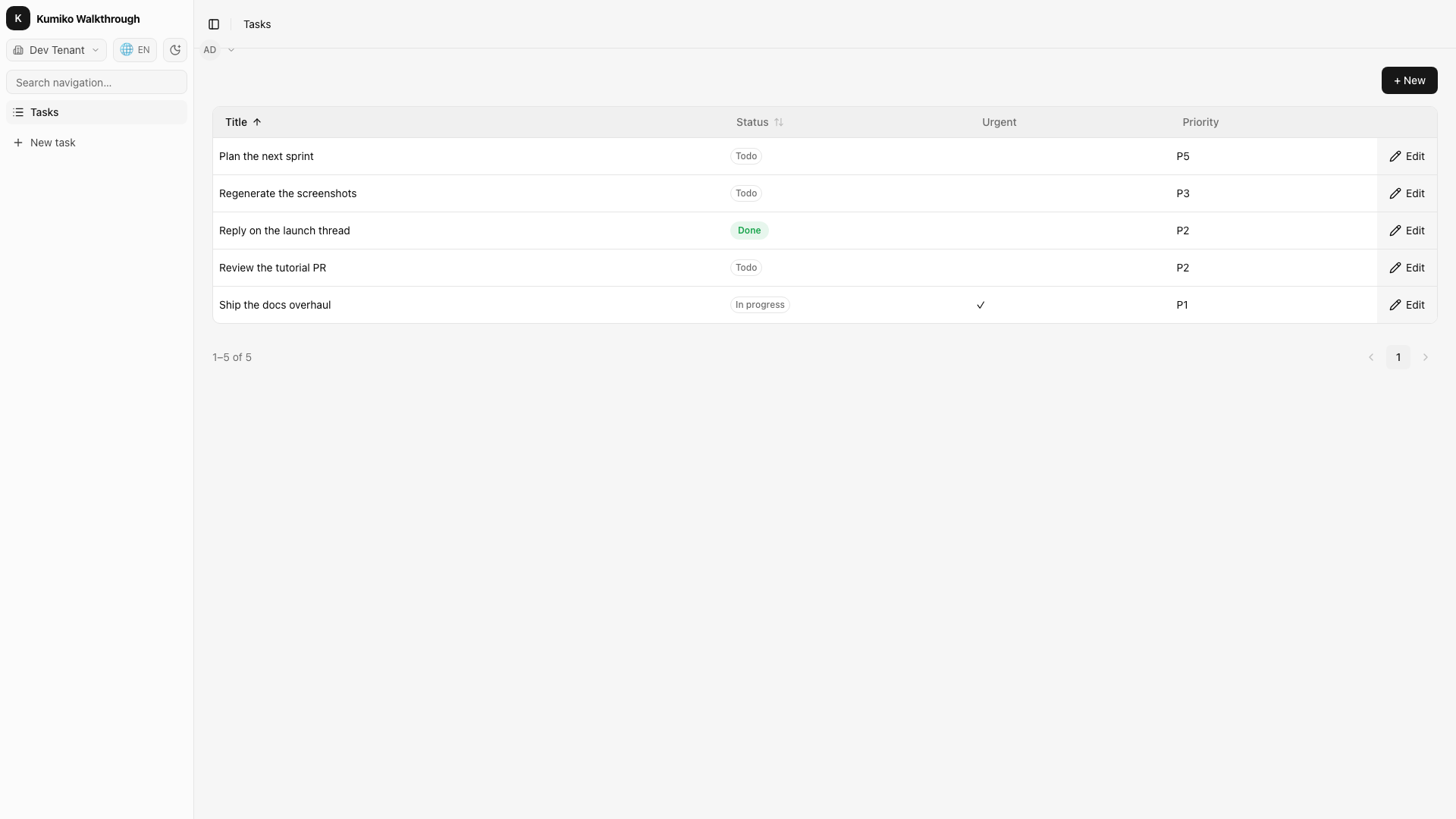 Kumiko-generated admin UI: a task list with sortable columns and a status column