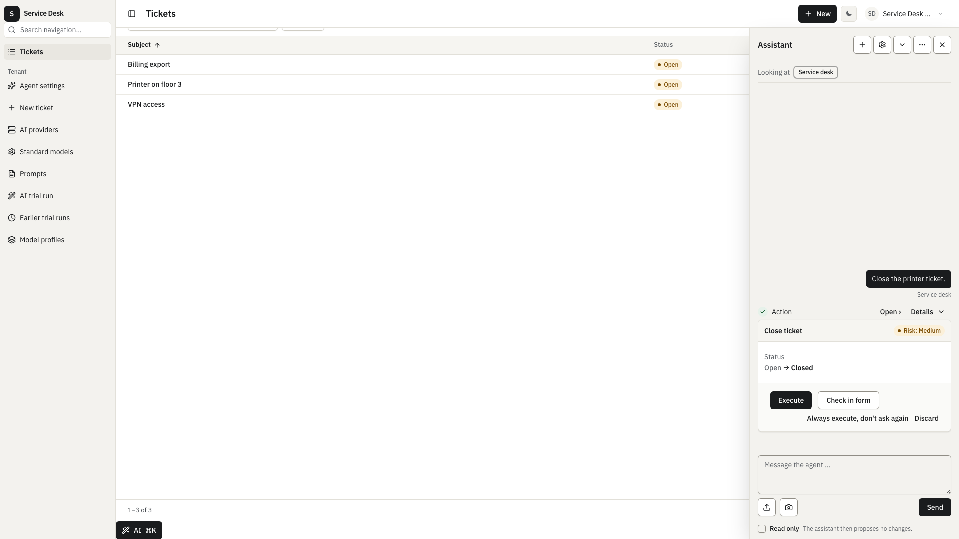 The assistant layer open next to the app, with an approval card for a proposed write