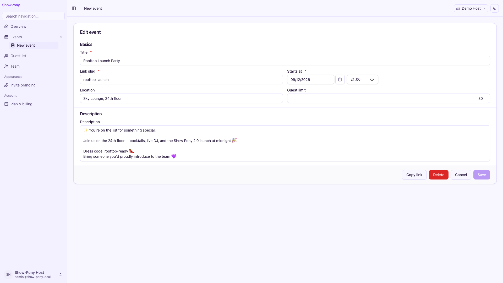 Edit event form filled with Rooftop Launch Party