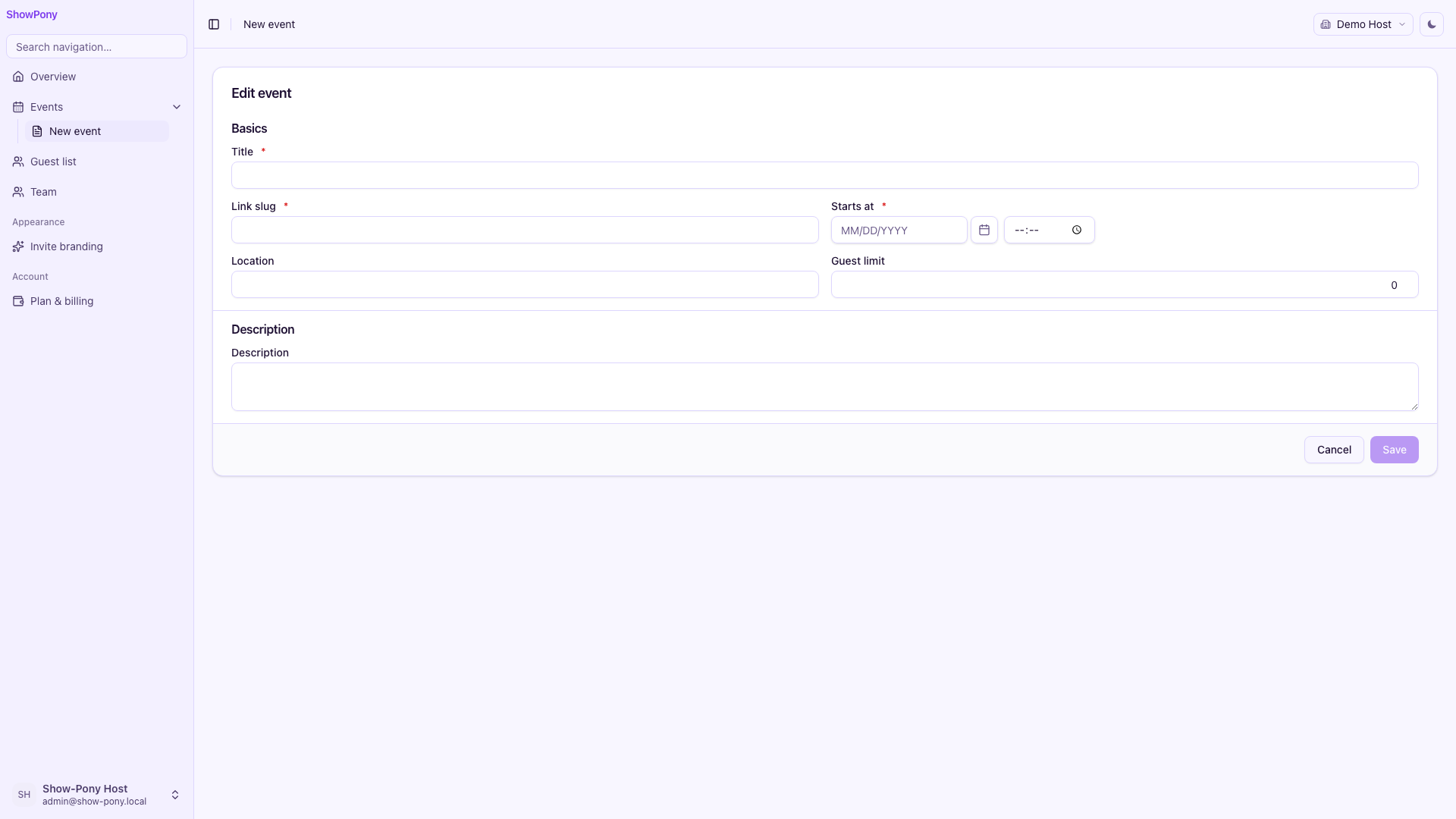 The auto-generated event form, with sections and typed fields