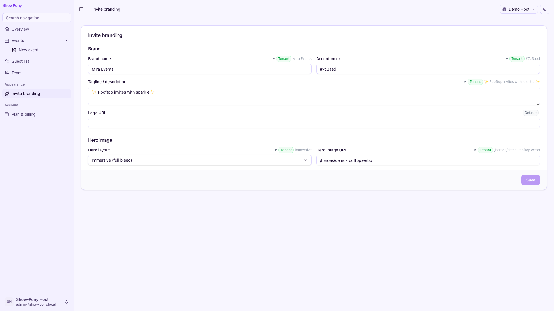 Invite branding settings for the demo tenant