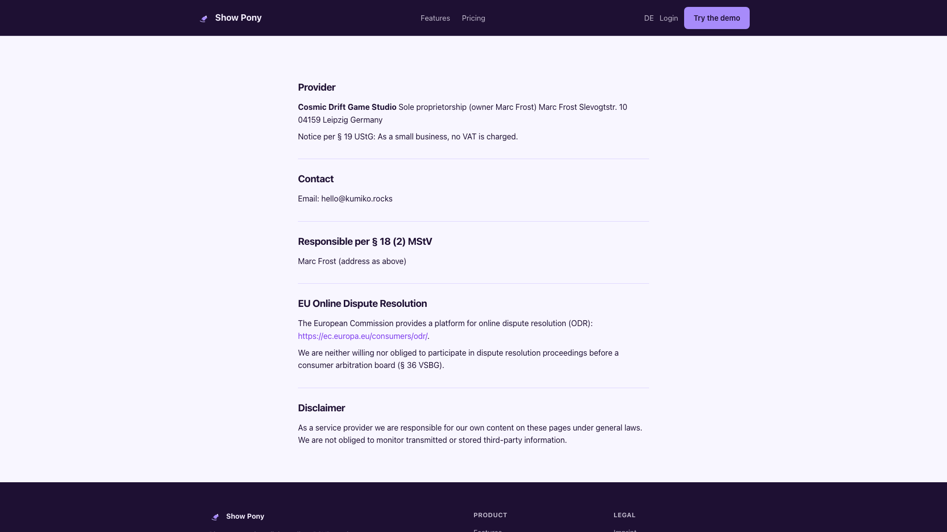 Imprint page in marketing chrome