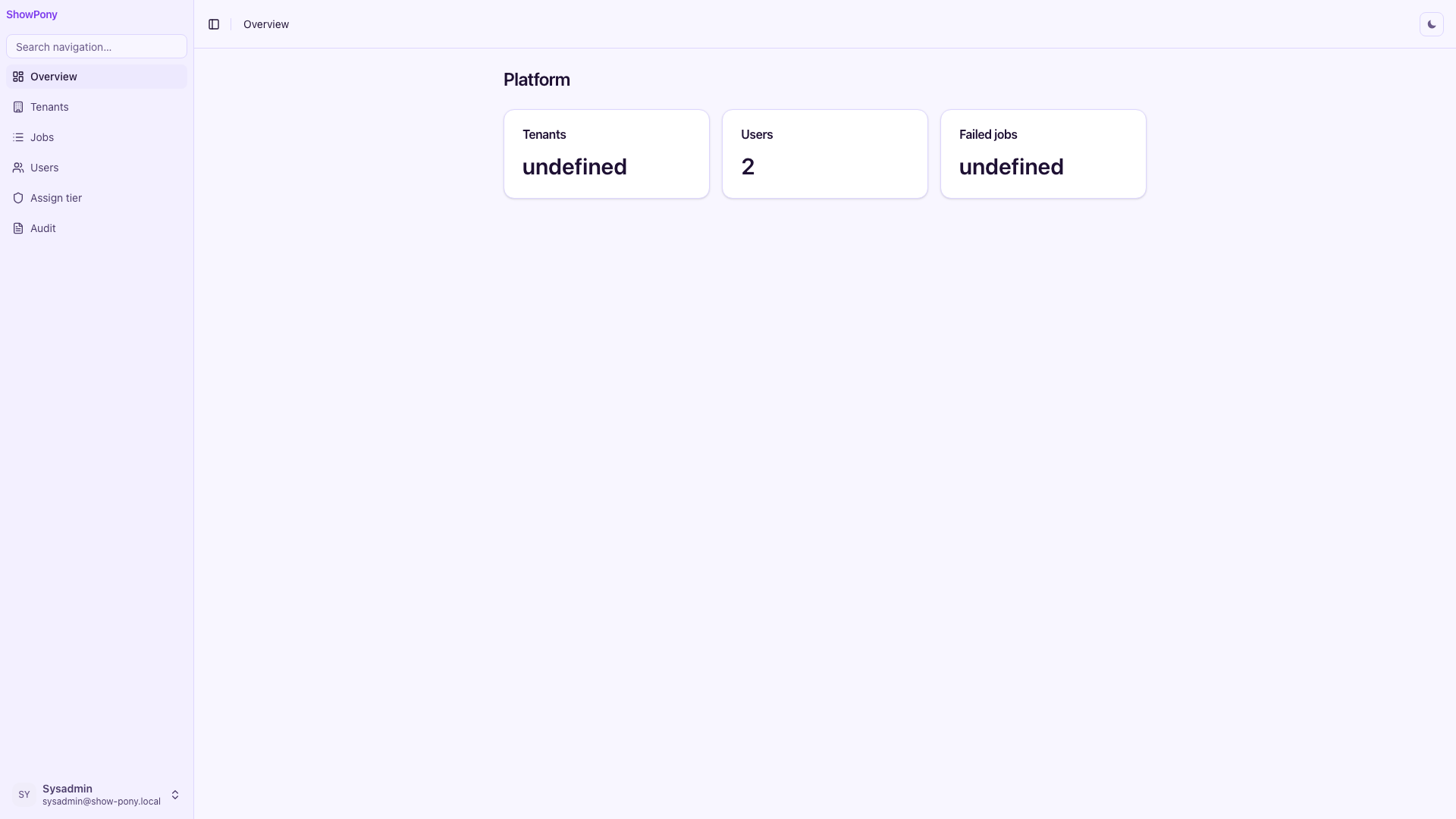 Platform operator overview after logging in as sysadmin