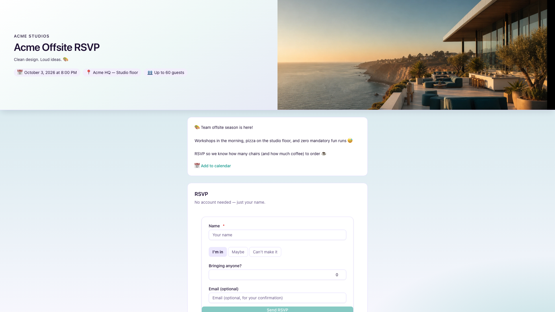 Acme Offsite RSVP, invite on the acme subdomain (separate tenant)