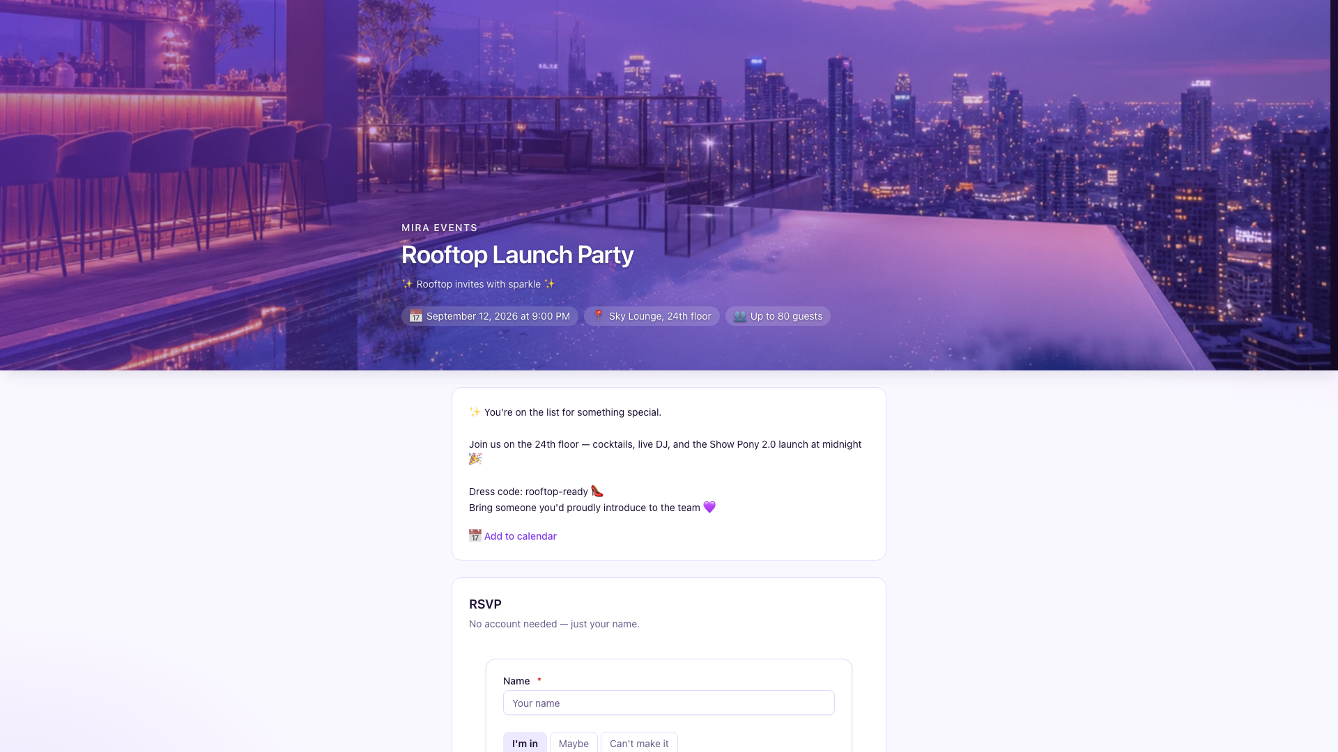 Public invite page with hero and RSVP form