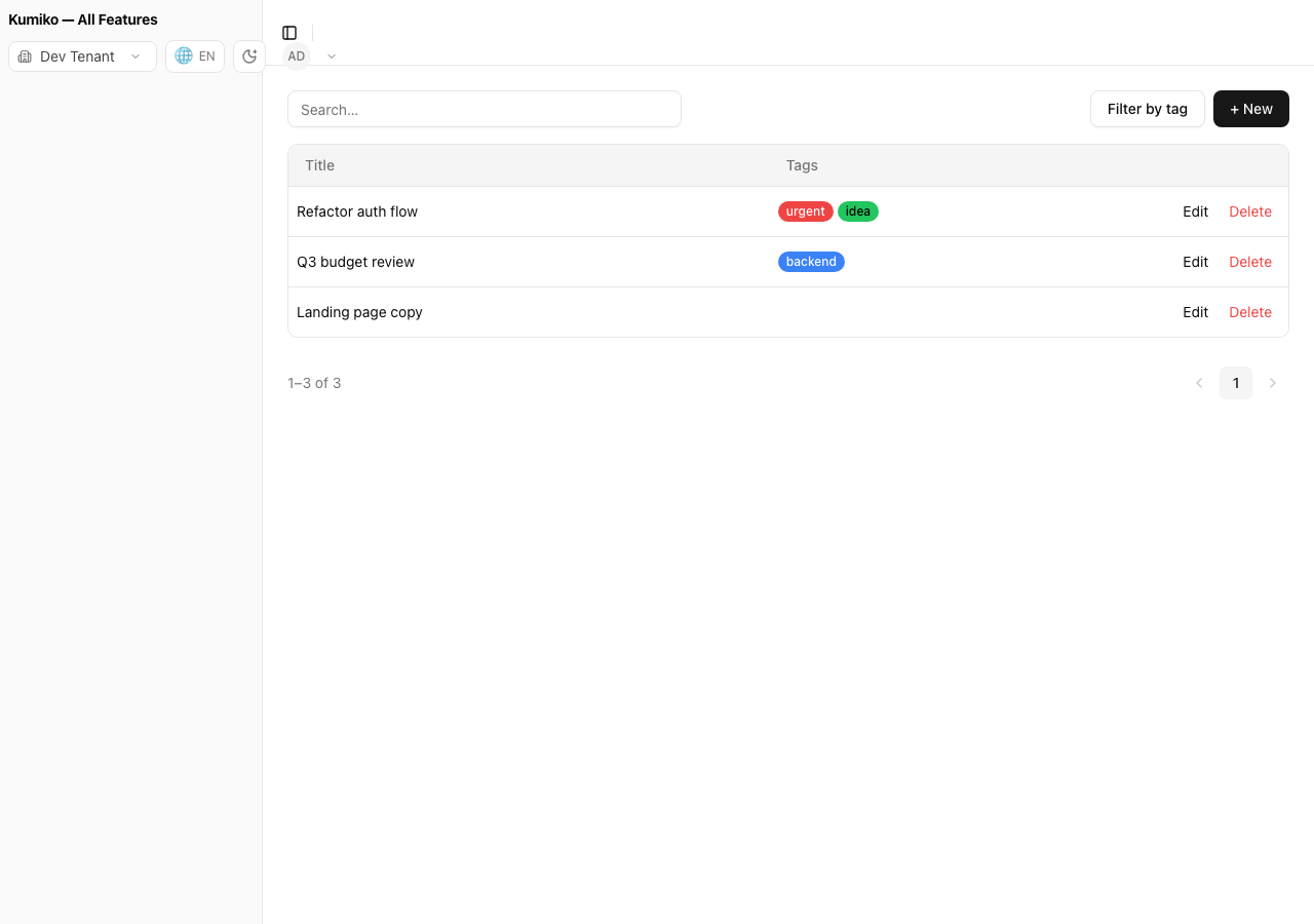 A note list with tag chips on each row and the drop-in TagFilter in its toolbar header