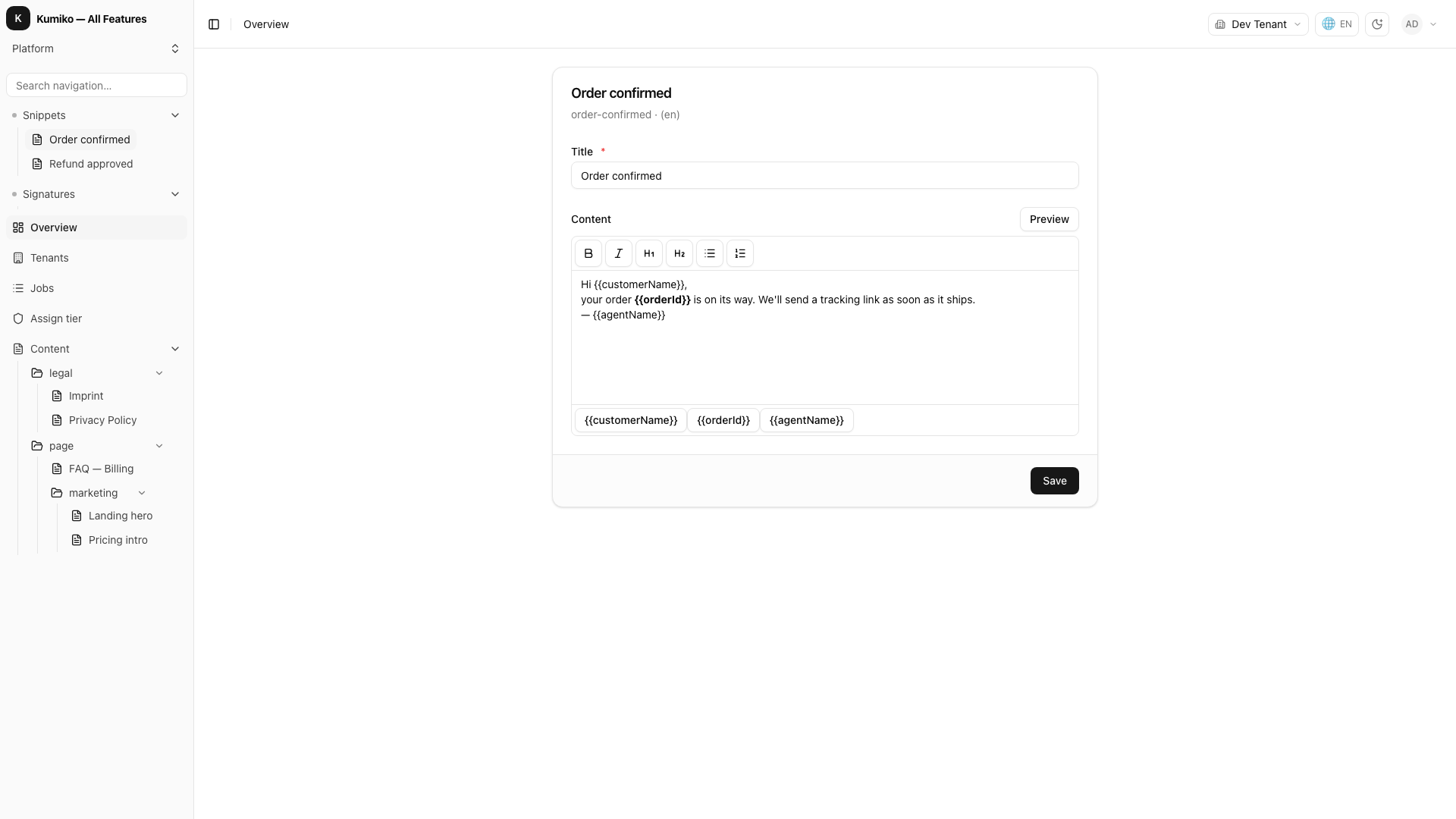 The rich editor: bold/italic/heading/list toolbar, a Preview button, and the collection's variables as chips below the content field. The sidebar shows both collections — Snippets shared by the tenant, Signatures owned per user.