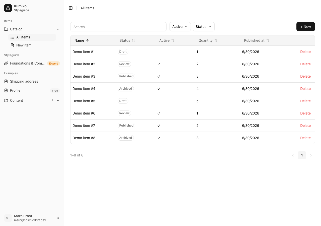 Kumiko-generated list screen: sortable columns, filter dropdowns, and status badges