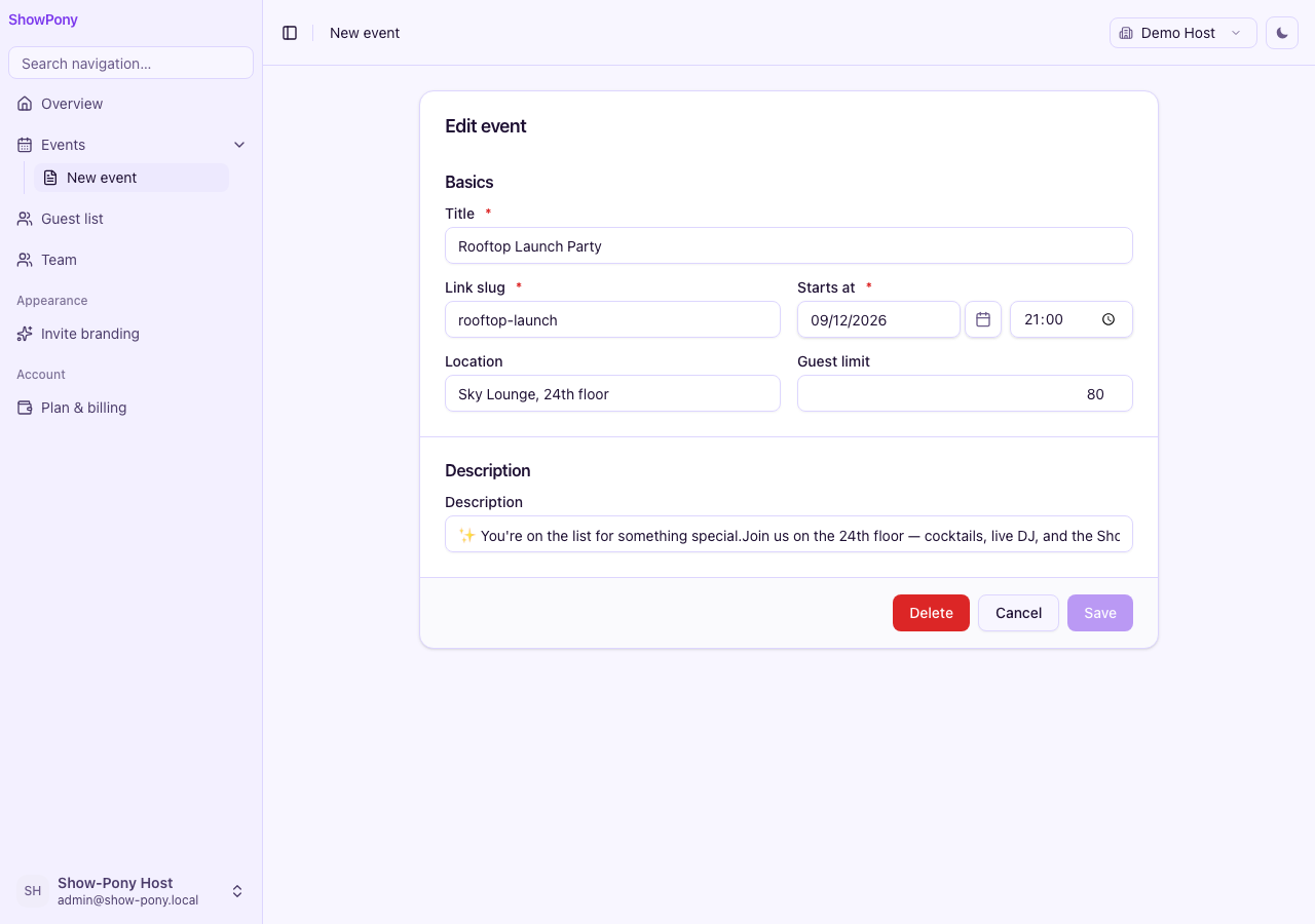Edit event form filled with Rooftop Launch Party