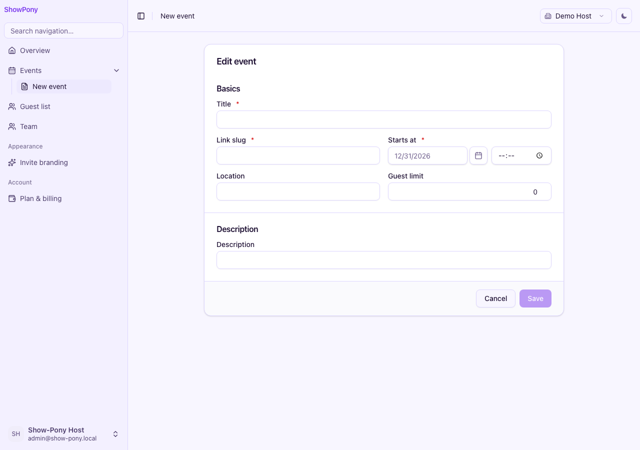 The auto-generated event form, with sections and typed fields