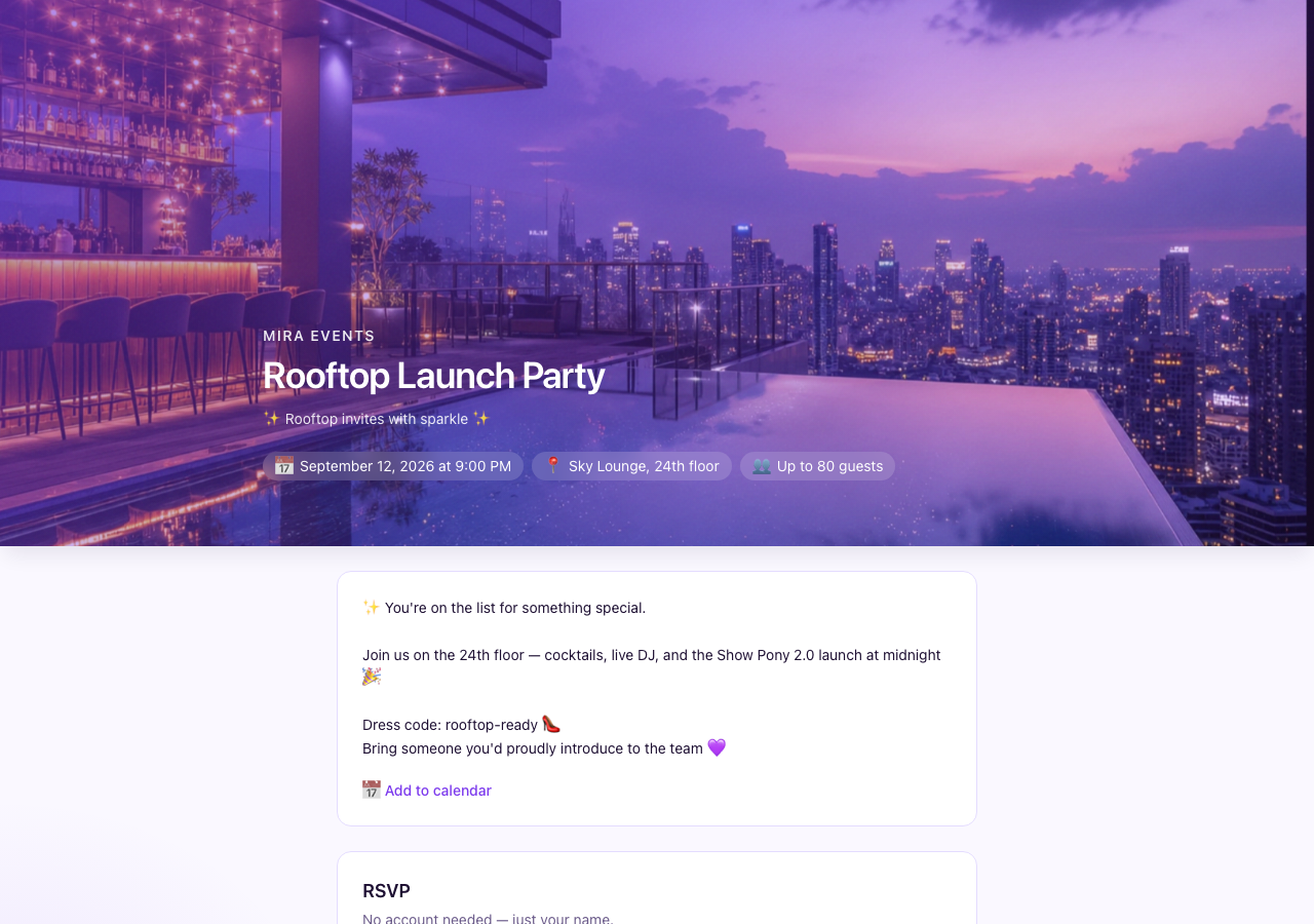 Public invite page with hero and RSVP form